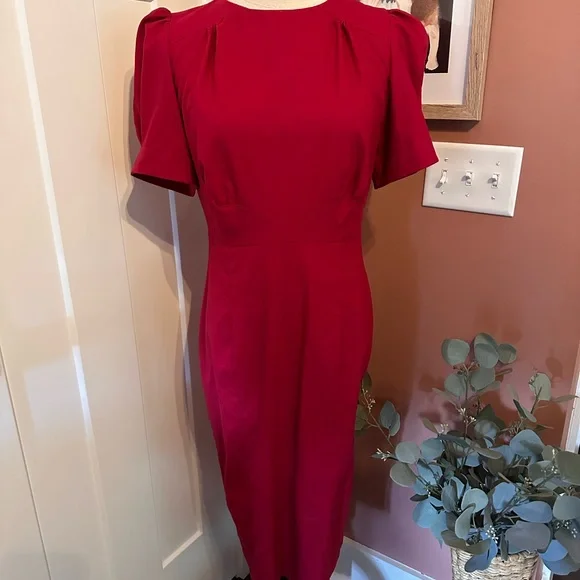 ASOS cranberry fitted puff sleeves back zipper back slit 8 midi pleats dress - Picture 1 of 14